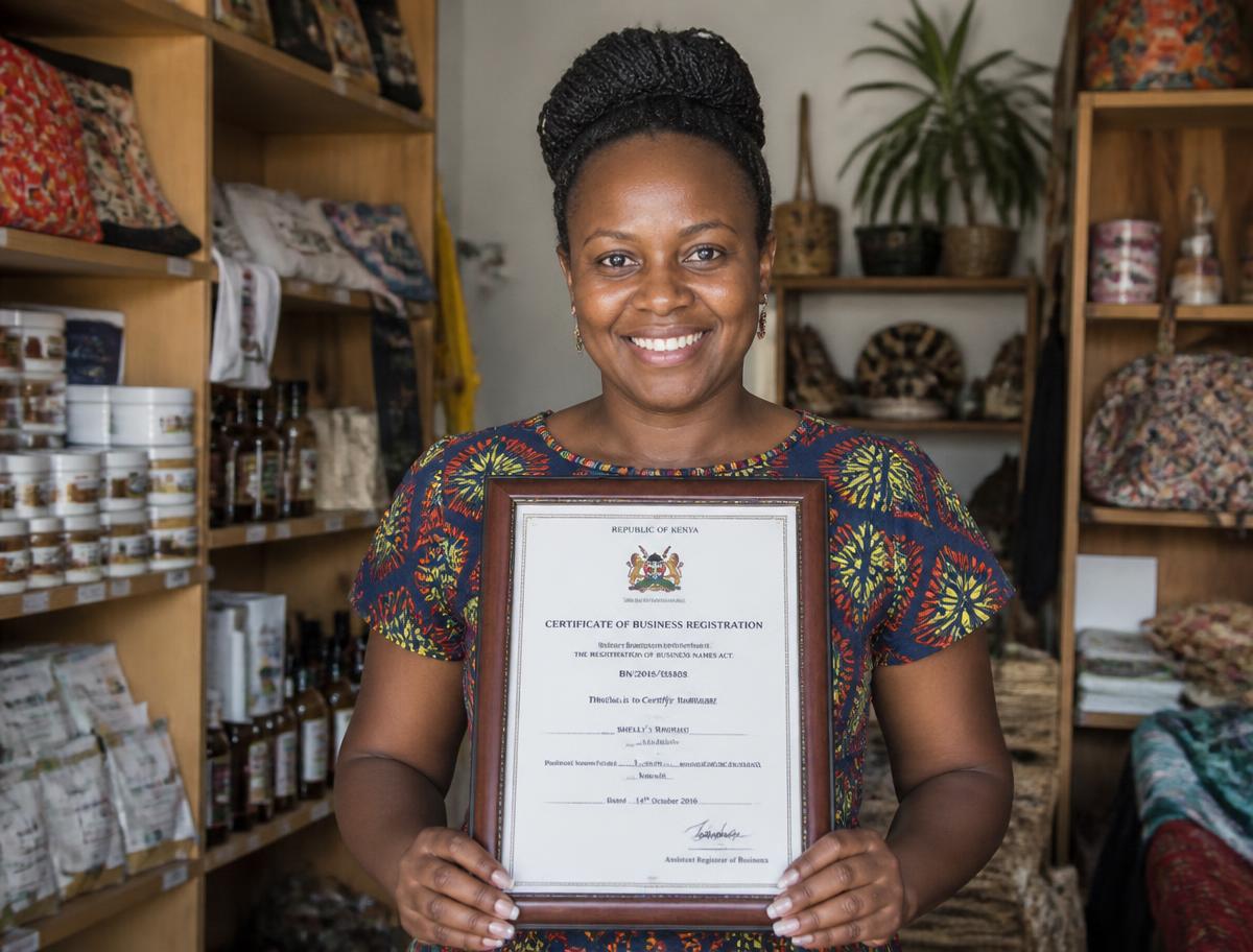 A Kenyan business owner holding her framed business registration certificate