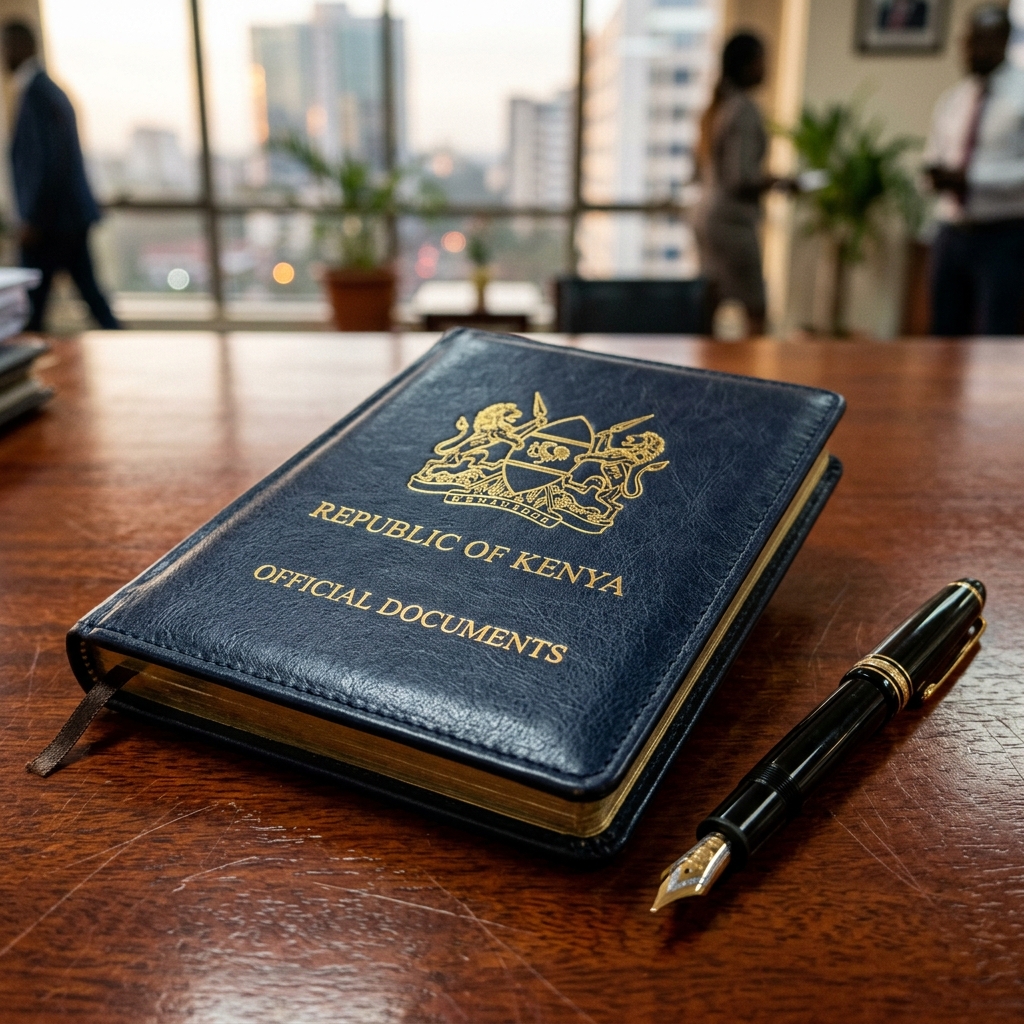 Official Republic of Kenya document booklet with gold embossed Harambee coat of arms and luxury pen
