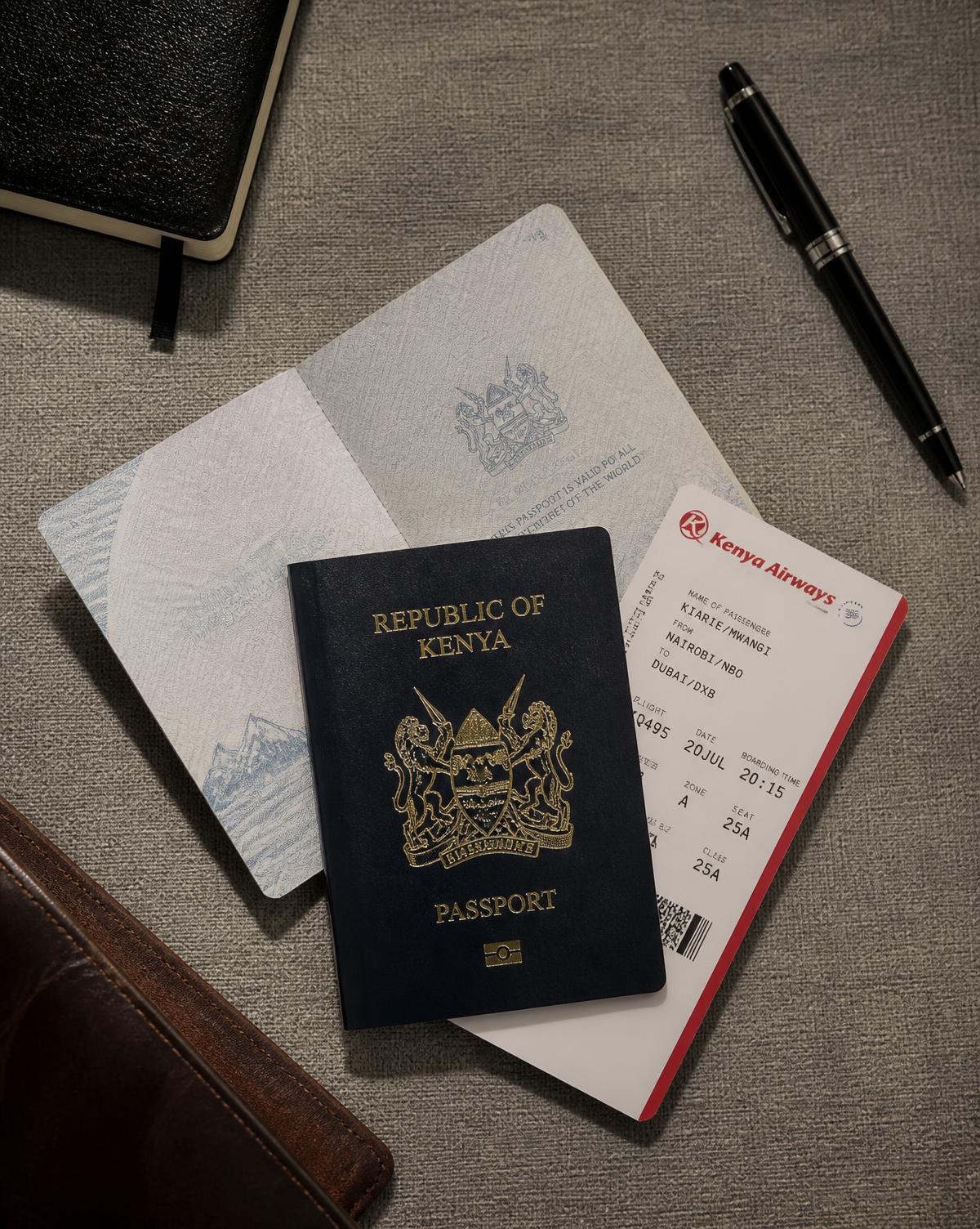 A Kenyan passport, travel documents and a pen laid out on linen