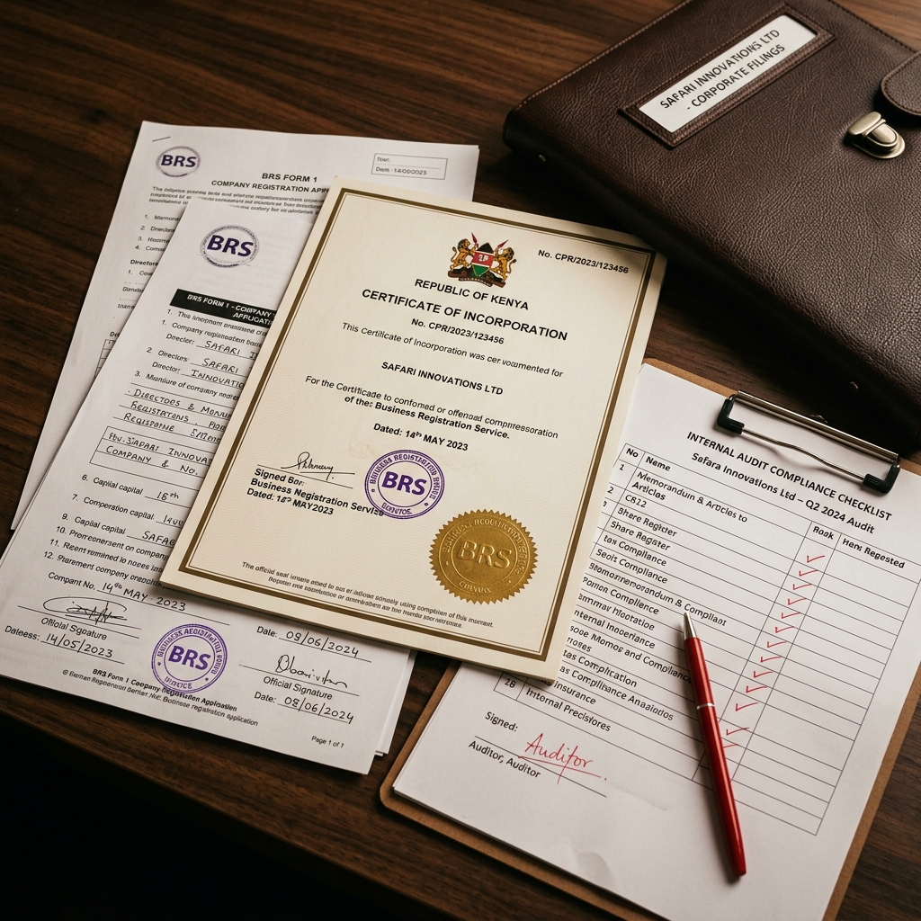 Kenyan Certificate of Incorporation, BRS filing forms, and internal compliance audit checklist