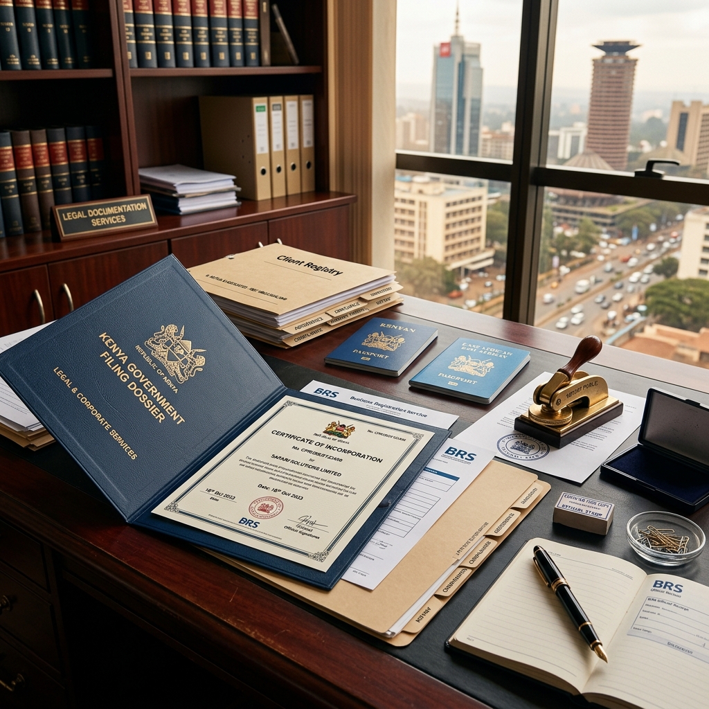 Kenyan government filing dossiers, registration certificates, and official stamps prepared on an executive desk in Nairobi